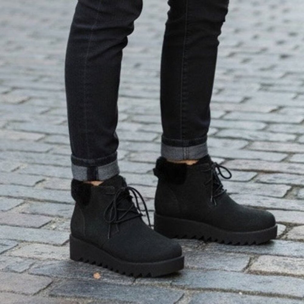 Eileen Fisher Kenille Wedge Bootie Size 6 Black Suede Genuine Shearling Trim NEW